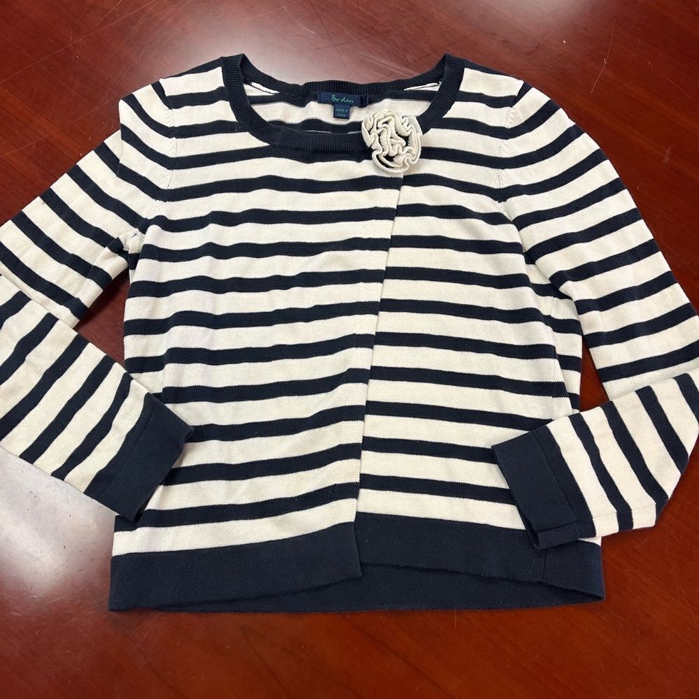 Boden Navy& White Striped Cross Front Flower Neck Sweater sz 12 EUC